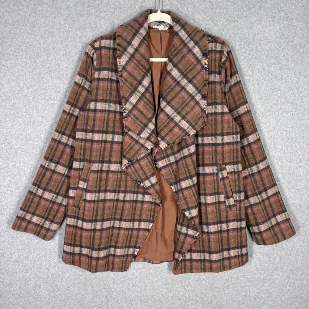 Mystree Flannel Jacket Blazer Large Brown Pink Plaid Fringed Open Drape Coat